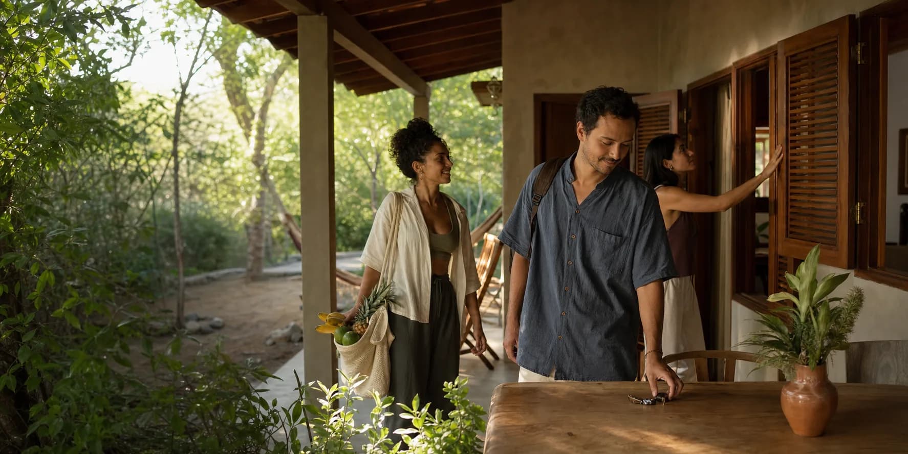 Friends arriving at a tropical long-term rental in Tamarindo