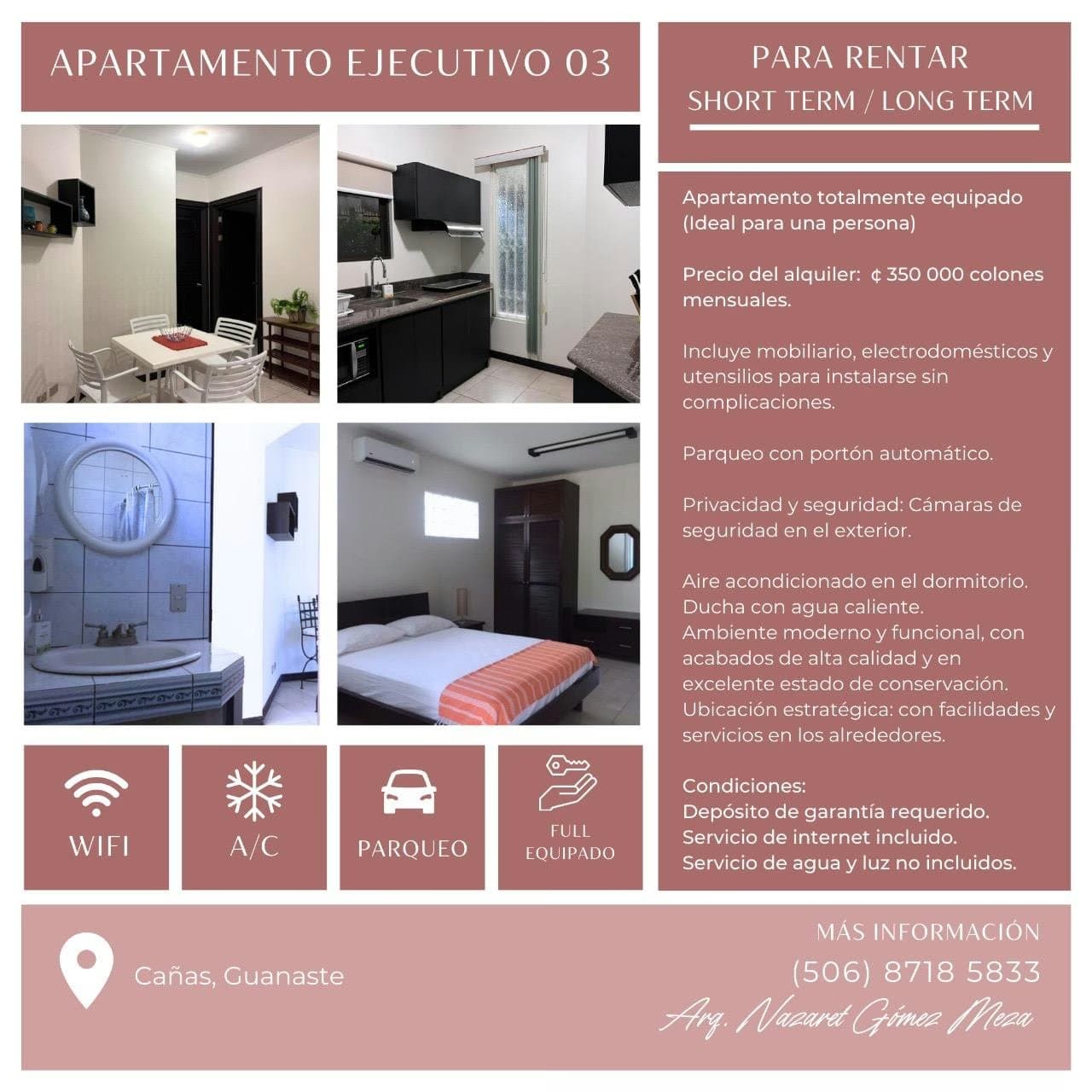 Apartamento ejecutivo totalmente equipado en Cañas